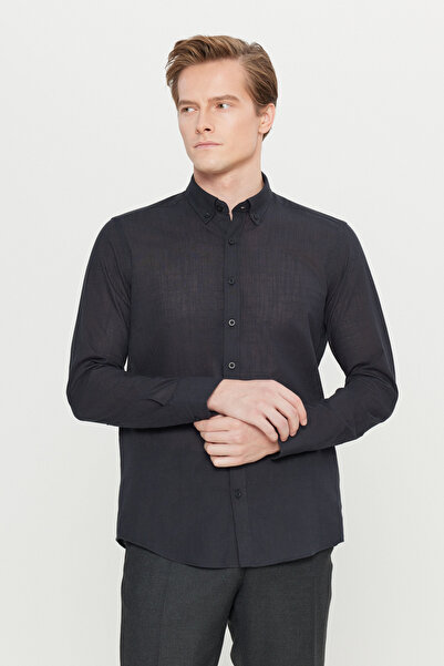 AC&Co / Altınyıldız Classics Erkek Siyah Keten Görünümlü %100 Pamuk Nefes Alabilen Kumaş Flamlı Slim Fit Düğmeli Yaka Gömlek
