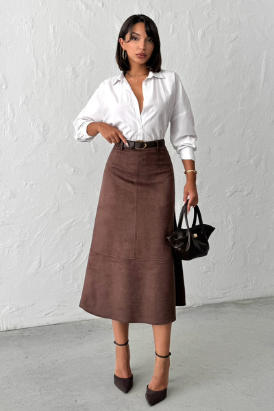 Trendyol Collection Fustă midi din suede tricotat, maro închis, A Line, TWOAW26ET00128