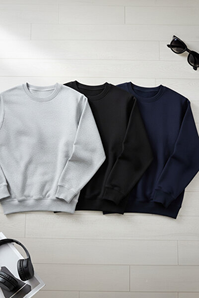 Trendyol Collection Черно-синьо-сиво меланж 3-пакет Регулярна/нормална кройка Основна вътрешна част Поларен суитшърт TMNAW26SW00006