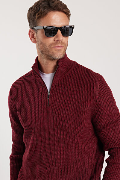 Tudors Erkek Slim Fit Dar Kesim Fermuarlı Bordo Dik Yaka Triko Kazak