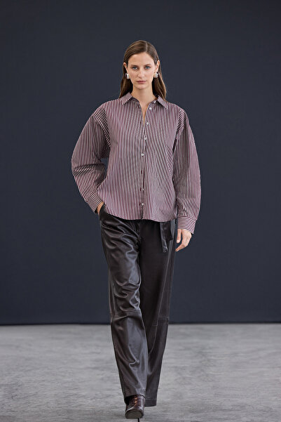 Trendyol Collection Trendyol Studio Burgundy-Multicolored Striped Oversize Cotton Poplin Shirt Twoaw26Go00107