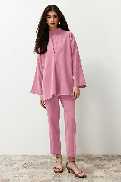 Trendyol Modest Λιλά γιακά Λεπτομερές υφαντό κάτω επάνω σετ TCTSS24US00055