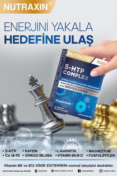 Nutraxin 5-HTP Complex 30 Tablet–Serotonin Desteği, B6 & B12 Vitaminli, Ginkgo Biloba ve Koenzim Q10 İçerikli