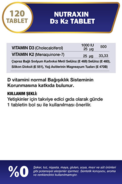Nutraxin D3K2 120 Tablet – 1000 IU D3 + 25 mcg K2 Vitamini İçeren Takviye