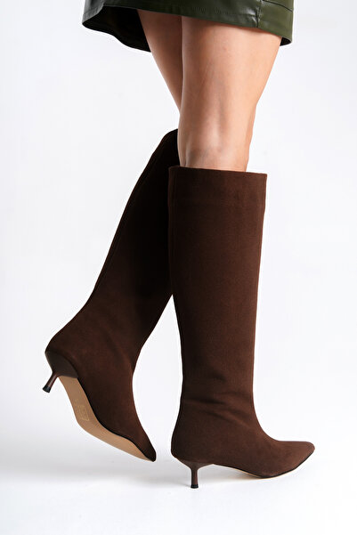 TRENDYOL SHOES Brown Suede Women's 4 cm Thin Kitten Heel Boots Takaw26Cz00021