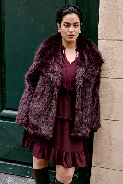 Trendyol Curve Rochie din șifon burgundy cu talie din cauciuc cu volan mini țesut mărime mare TBBAW26AH00003