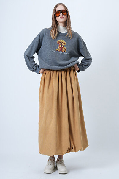 Trend Alaçatı Stili Women's Anthracite Front Printed Oversize Cotton Sweatshirt Alc-X14651