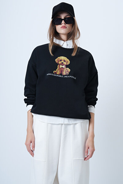 Trend Alaçatı Stili Women's Black Front Printed Oversize Cotton Sweatshirt Alc-X14651