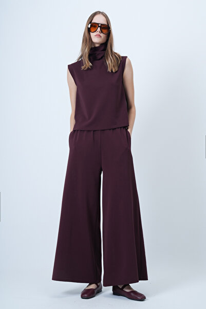 Trend Alaçatı Stili Women's Plum Turtleneck Sleeveless Blouse and Wide Leg Pants Set Alc-X14663
