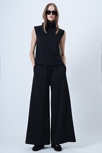 Trend Alaçatı Stili Women's Black Turtleneck Sleeveless Blouse and Wide Leg Pants Set Alc-X14663