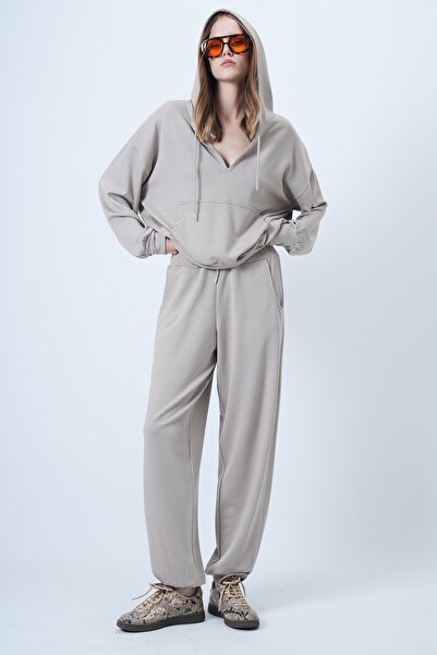 Trend Alaçatı Stili Women's Stone Hooded V-Neck Oversized Modal Sweatshirt and Pants Set Alc-X14646