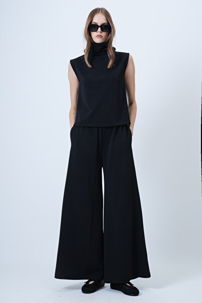 Trend Alaçatı Stili Women's Black Turtleneck Sleeveless Blouse and Wide Leg Pants Set Alc-X14663