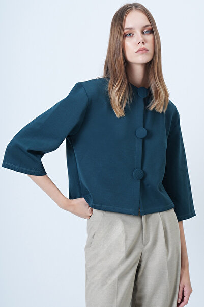 Trend Alaçatı Stili Γυναικείο μπουφάν με πράσινη επικάλυψη με κουμπιά με λαιμόκοψη ειδικής σχεδίασης ALC-X14647