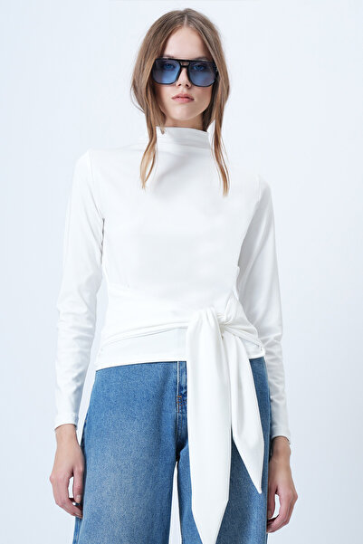 Trend Alaçatı Stili Women's White Stand Collar Waist Tie Blouse Alc-X14652