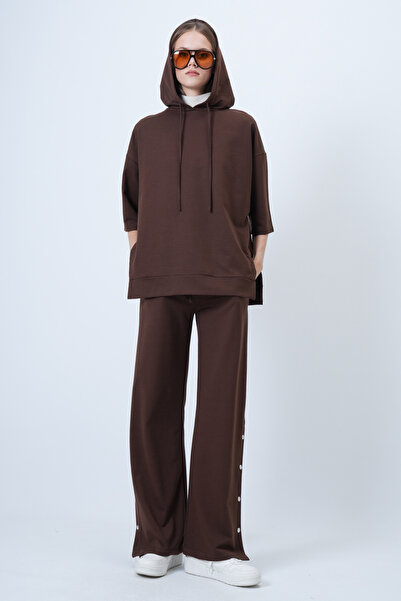 Trend Alaçatı Stili Women's Brown Hooded Sweatshirt with Side Slits and Wide Leg Pants Set Alc-X14607