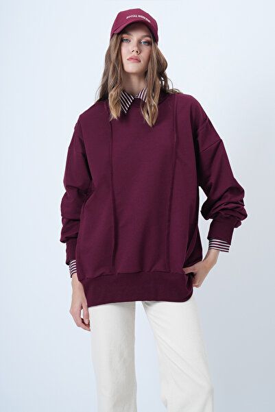 Trend Alaçatı Stili Women's Burgundy Stitching Detailed Oversize Design Sweatshirt Alc-X14662