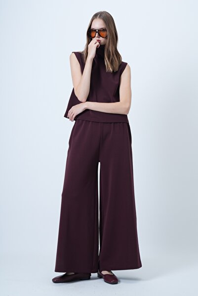 Trend Alaçatı Stili Women's Plum Turtleneck Sleeveless Blouse and Wide Leg Pants Set Alc-X14663