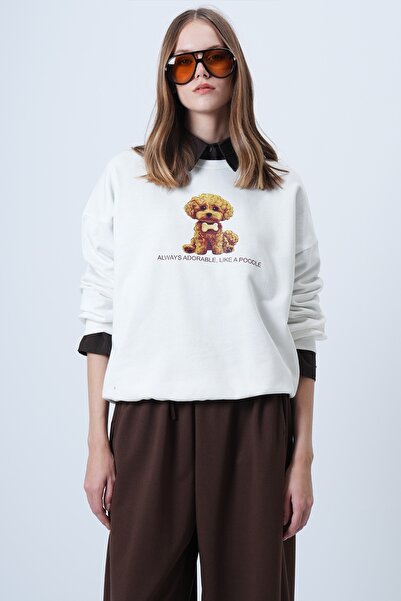 Trend Alaçatı Stili Women's Ecru Front Printed Oversize Cotton Sweatshirt Alc-X14651