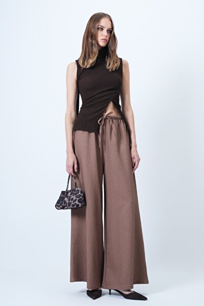 Trend Alaçatı Stili Women's Brown Double Pocket Tie Detail Wide Leg Velvet Trousers Alc-X14569
