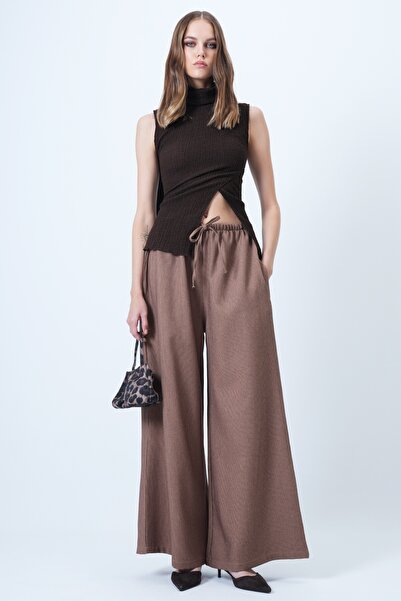 Trend Alaçatı Stili Women's Brown Double Pocket Tie Detail Wide Leg Velvet Trousers Alc-X14569
