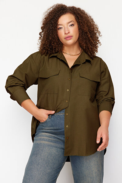 Trendyol Curve Khaki Cotton Long Sleeve Double Pocket Skirt Slit Poplin Woven Plus Size Shirt