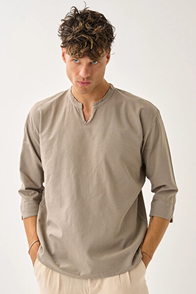 Dechers Ανδρικό πουκάμισο Fakir με λαιμόκοψη V με άνετο 100% βαμβακερό πουκάμισο E211