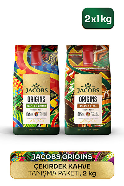 Jacobs Origins Brazil & Colombia + Uganda & Kenya Çekirdek Kahve 1 Kg 2'li Paket