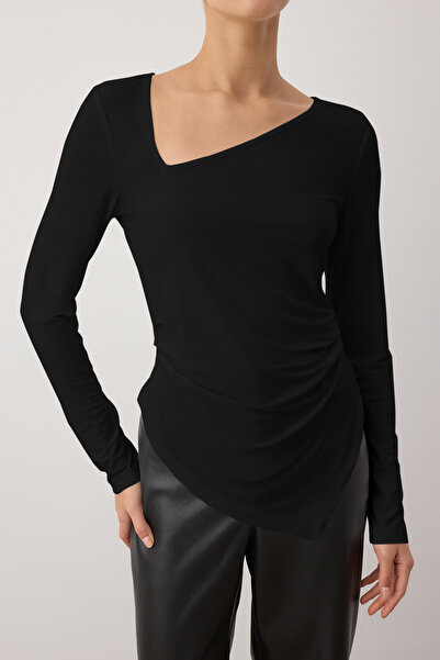 Trendyol Collection Black Asymmetric Collar Detail Bodycon Stretchy Knitted Blouse Twoaw26Bz00117
