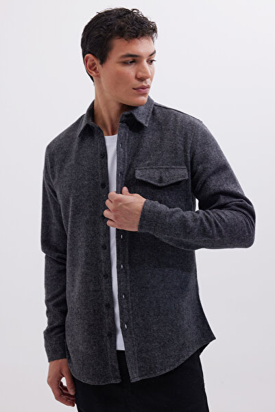Tudors Erkek Slim Fit Tek Cep Kapaklı Düz Oduncu Spor Koyu Gri Gömlek