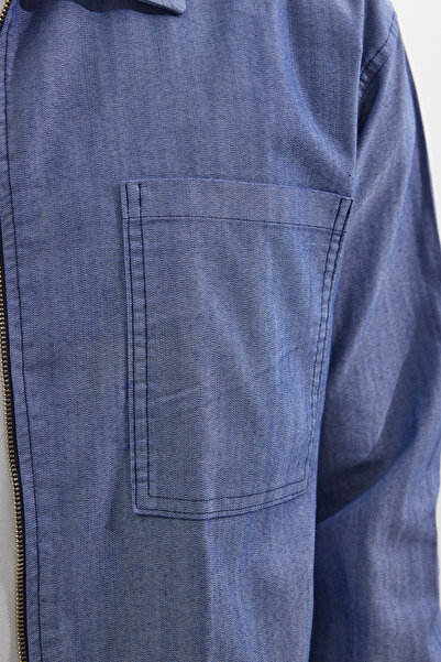 Tudors Relax Fit Uzun Kollu Denim Kot Parça Boyalı Çift Cep Fermuarlı Mavi Gömlek