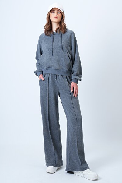 Trend Alaçatı Stili Women's Anthracite Kangaroo Pocket Crop Sweatshirt and Green Casual Cut Pants Set Alc-X14609