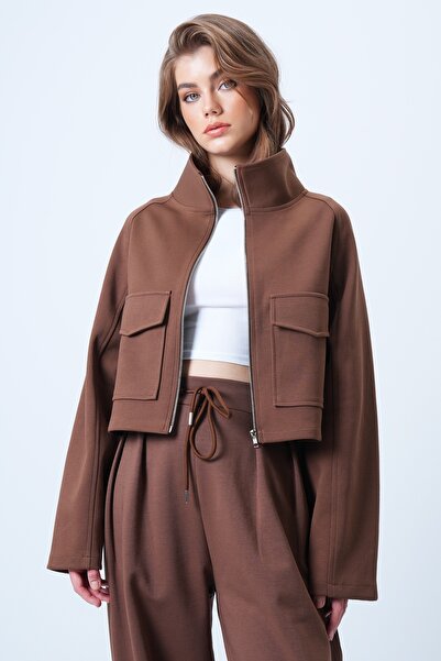 Trend Alaçatı Stili Kadın Kahverengi Dik Yaka Çift Cepli Reglan Kol Ceket ALC...