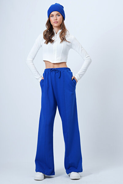 Trend Alaçatı Stili Women's Midnight Blue High Waist Front Slit Thick Palazzo Pants Alc-X14566