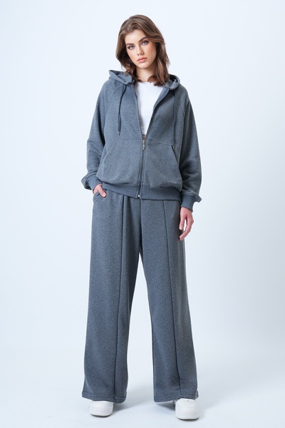 Trend Alaçatı Stili Kadın Antrasit Kapüşonlu Fermuarlı Ceket Ve Yüksek Bel Geniş Paça Pantolon Takım ALC-X14606