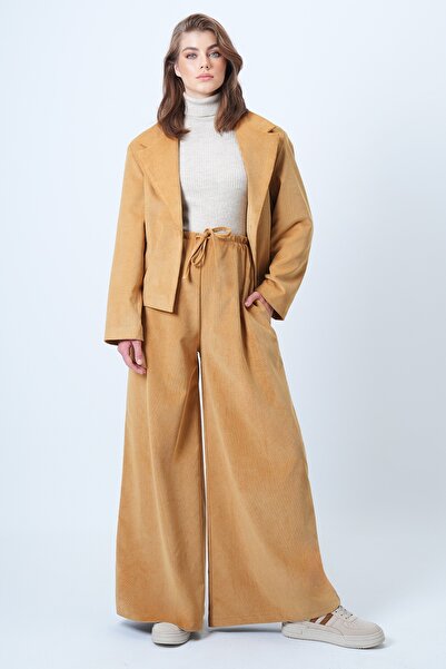 Trend Alaçatı Stili Women's Mustard Double Pocket Lace-Up Detail Wide Leg Velvet Trousers Alc-X14569