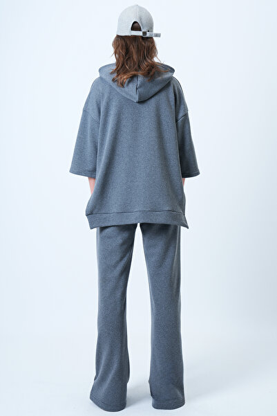 Trend Alaçatı Stili Women's Anthracite Hooded Sweatshirt with Side Slits and Wide Leg Pants Set Alc-X14607