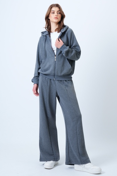 Trend Alaçatı Stili Kadın Antrasit Kapüşonlu Fermuarlı Ceket Ve Yüksek Bel Geniş Paça Pantolon Takım ALC-X14606