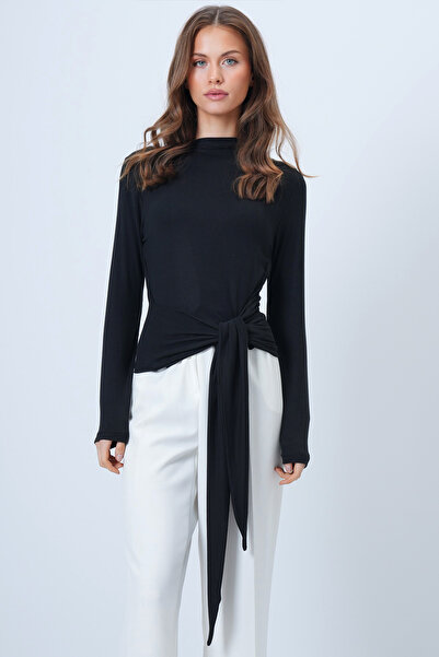 Trend Alaçatı Stili Women's Black Stand Collar Waist Tie Blouse Alc-X14652