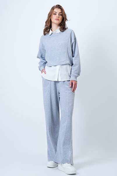 Trend Alaçatı Stili Women's Grimelange Special Stitch Detailed Sweatshirt and Comfortable Cut Ribbed Trouser Set Alc-X14608