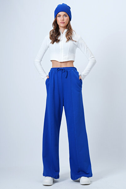 Trend Alaçatı Stili Women's Midnight Blue High Waist Front Slit Thick Palazzo Pants Alc-X14566