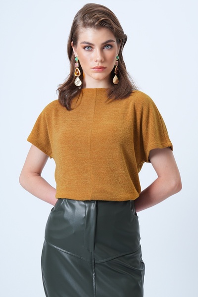 Trend Alaçatı Stili Γυναικεία μπλούζα με μισό μανίκι με γιακά μουστάρδα ALC-X14628