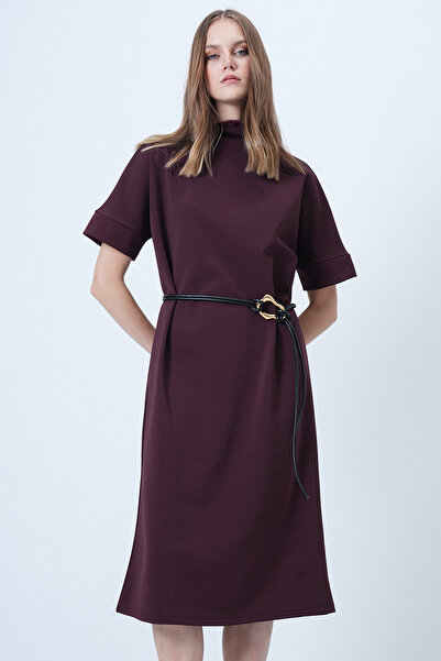 Trend Alaçatı Stili Women's Burgundy Stand Collar Short Sleeve Belted Midi Length Knitted Dress Alc-X14634