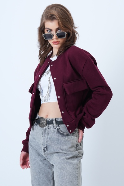 Trend Alaçatı Stili Γυναικείο μπουφάν με διπλή τσέπη με κουμπωτά κλείσιμο σε μπορντό χρώμα επένδυση fleece Crop Jacket ALC-X10940