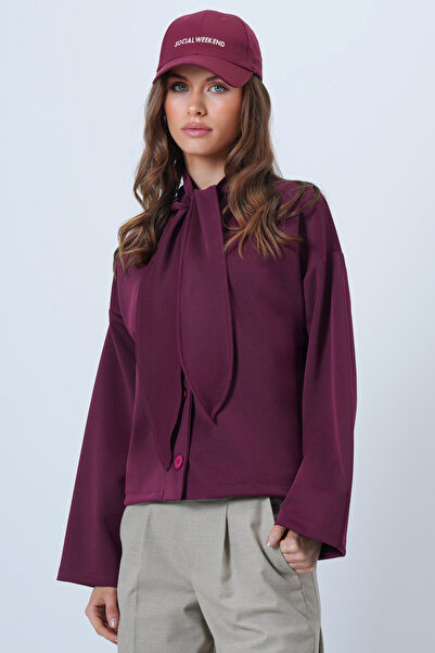 Trend Alaçatı Stili Damenjacke mit Pflaumenschal und detaillierten Knöpfen ALC-X14669
