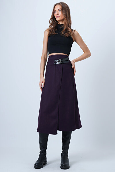 Trend Alaçatı Stili Women's Plum Leather Belt Accessory Wrap Cut Midi Length Velvet Skirt Alc-X14570
