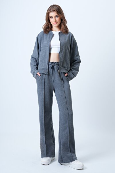 Trend Alaçatı Stili Women's Anthracite High Collar Stitching Detailed Jacket and Casual Fit Trousers Set Alc-X14605