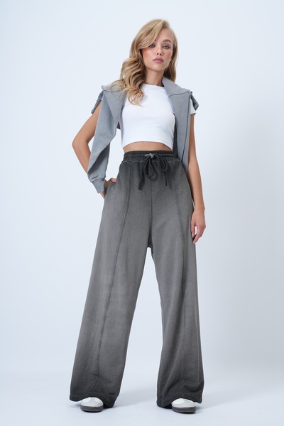 Trend Alaçatı Stili Women's Anthracite High Waist Gradient Palazzo Pants with Green Front Detail Alc-X14666