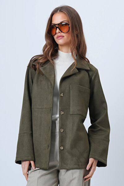 Trend Alaçatı Stili Women's Khaki Single Pocket Stitching Detail Faux Suede Jacket Alc-X14404