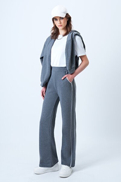 Trend Alaçatı Stili Anthrazitfarbene Damen-Jogginghose mit weitem Bein und Pa...