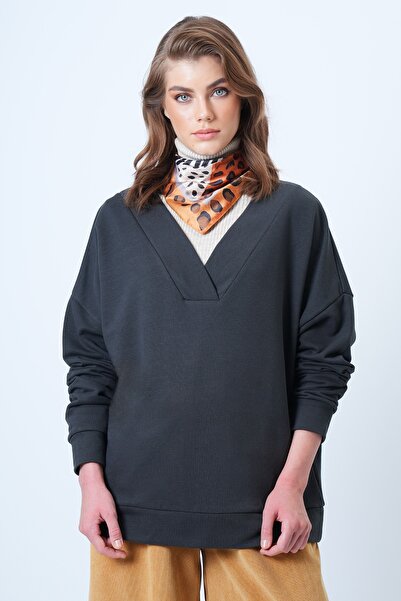 Trend Alaçatı Stili Women's Anthracite V-Neck Double-Breasted Oversized Sweatshirt Alc-X14555